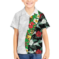 Hawaiian Tropical Flowers and Leaves Family Matching Short Sleeve Bodycon Dress and Hawaiian Shirt on Leopard Pattern Half Style White-Black Version LT03 Son's Shirt White - Polynesian Pride