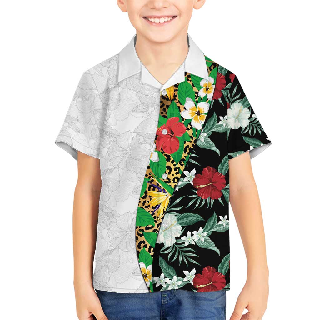 Hawaiian Tropical Flowers and Leaves Family Matching Summer Maxi Dress and Hawaiian Shirt on Leopard Pattern Half Style White-Black Version - Polynesian Pride