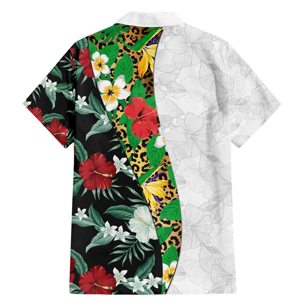 Hawaiian Tropical Flowers and Leaves Family Matching Tank Maxi Dress and Hawaiian Shirt on Leopard Pattern Half Style White-Black Version - Polynesian Pride