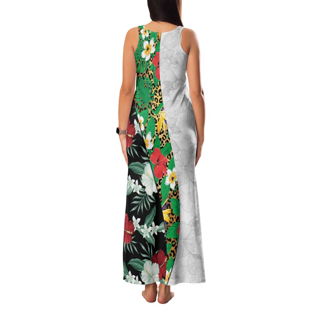 Hawaiian Tropical Flowers and Leaves Family Matching Tank Maxi Dress and Hawaiian Shirt on Leopard Pattern Half Style White-Black Version - Polynesian Pride