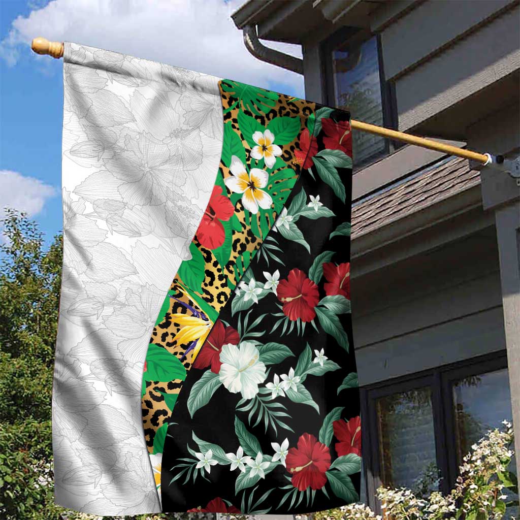 Hawaiian Tropical Flowers and Leaves Garden Flag on Leopard Pattern Half Style White-Black Version - Polynesian Pride