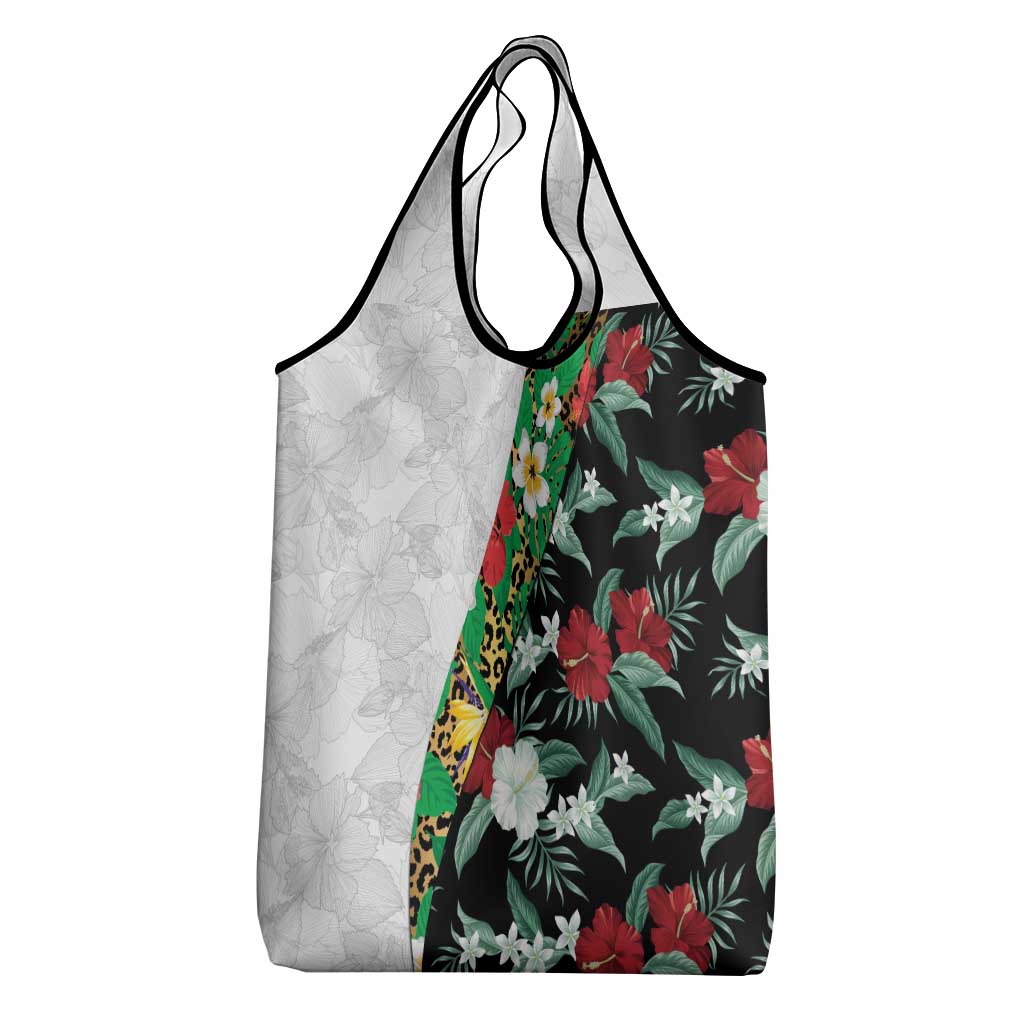 Hawaiian Tropical Flowers and Leaves Grocery Bag on Leopard Pattern Half Style White-Black Version - Polynesian Pride