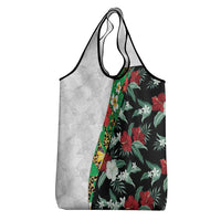 Hawaiian Tropical Flowers and Leaves Grocery Bag on Leopard Pattern Half Style White-Black Version - Polynesian Pride