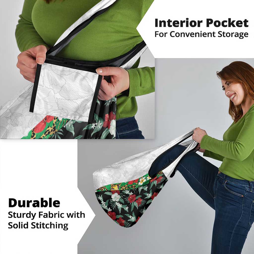 Hawaiian Tropical Flowers and Leaves Grocery Bag on Leopard Pattern Half Style White-Black Version - Polynesian Pride