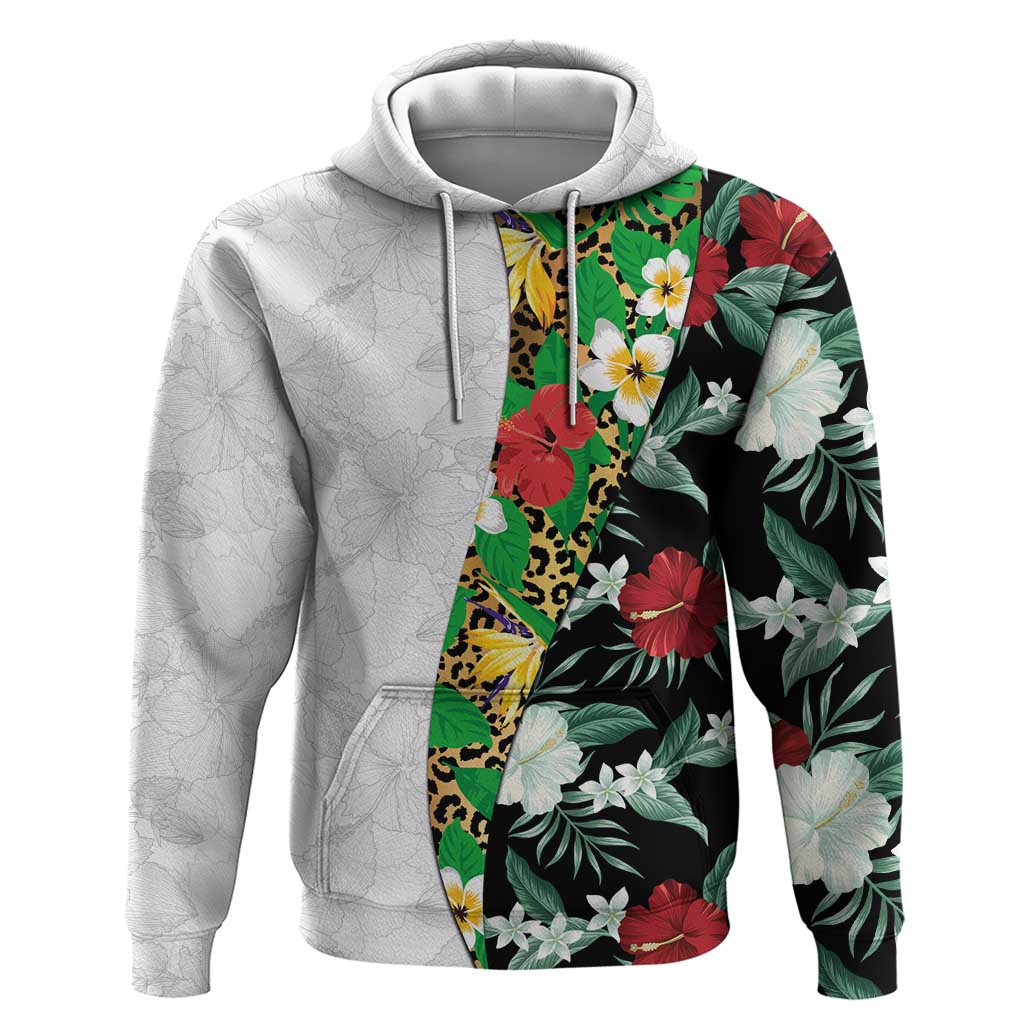 Hawaiian Tropical Flowers and Leaves Hoodie on Leopard Pattern Half Style White-Black Version - Polynesian Pride