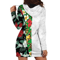 Hawaiian Tropical Flowers and Leaves Hoodie Dress on Leopard Pattern Half Style White-Black Version - Polynesian Pride