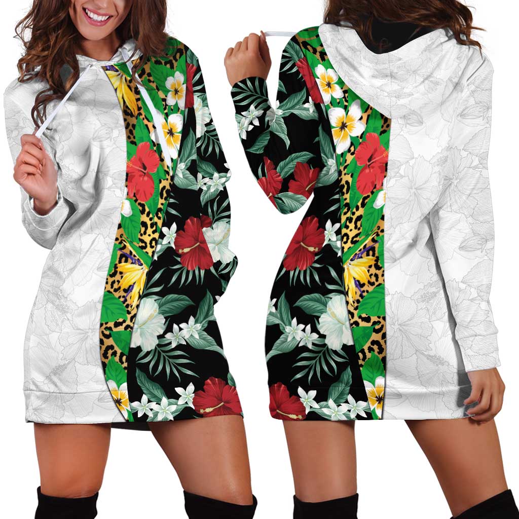 Hawaiian Tropical Flowers and Leaves Hoodie Dress on Leopard Pattern Half Style White-Black Version - Polynesian Pride