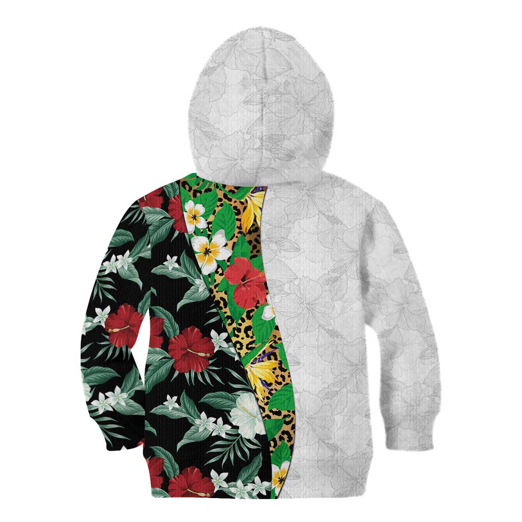 Hawaiian Tropical Flowers and Leaves Kid Hoodie on Leopard Pattern Half Style White-Black Version - Polynesian Pride