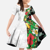 Hawaiian Tropical Flowers and Leaves Kid Short Sleeve Dress on Leopard Pattern Half Style White-Black Version - Polynesian Pride