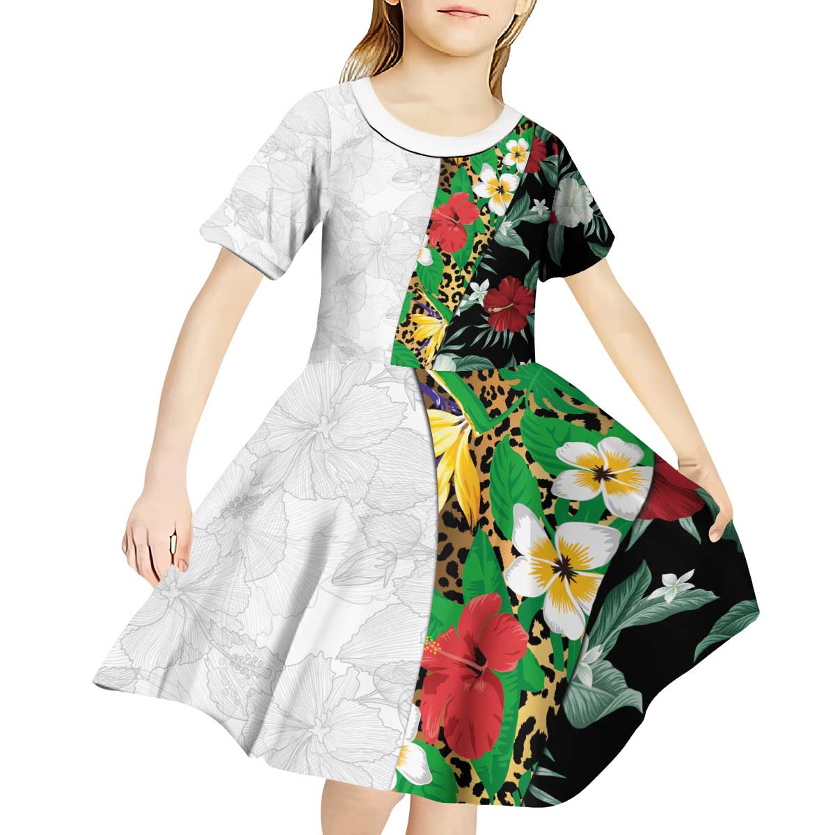 Hawaiian Tropical Flowers and Leaves Kid Short Sleeve Dress on Leopard Pattern Half Style White-Black Version - Polynesian Pride