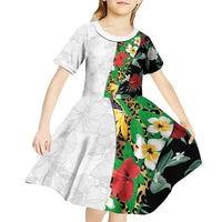 Hawaiian Tropical Flowers and Leaves Kid Short Sleeve Dress on Leopard Pattern Half Style White-Black Version - Polynesian Pride