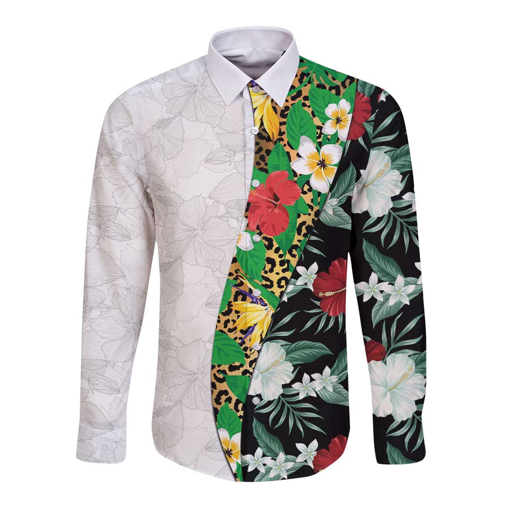 Hawaiian Tropical Flowers and Leaves Long Sleeve Button Shirt on Leopard Pattern Half Style White-Black Version - Polynesian Pride