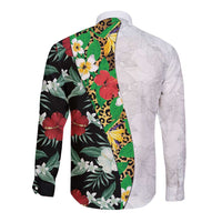 Hawaiian Tropical Flowers and Leaves Long Sleeve Button Shirt on Leopard Pattern Half Style White-Black Version - Polynesian Pride
