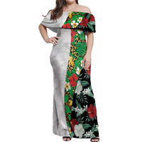Hawaiian Tropical Flowers and Leaves Off Shoulder Maxi Dress on Leopard Pattern Half Style White-Black Version - Polynesian Pride