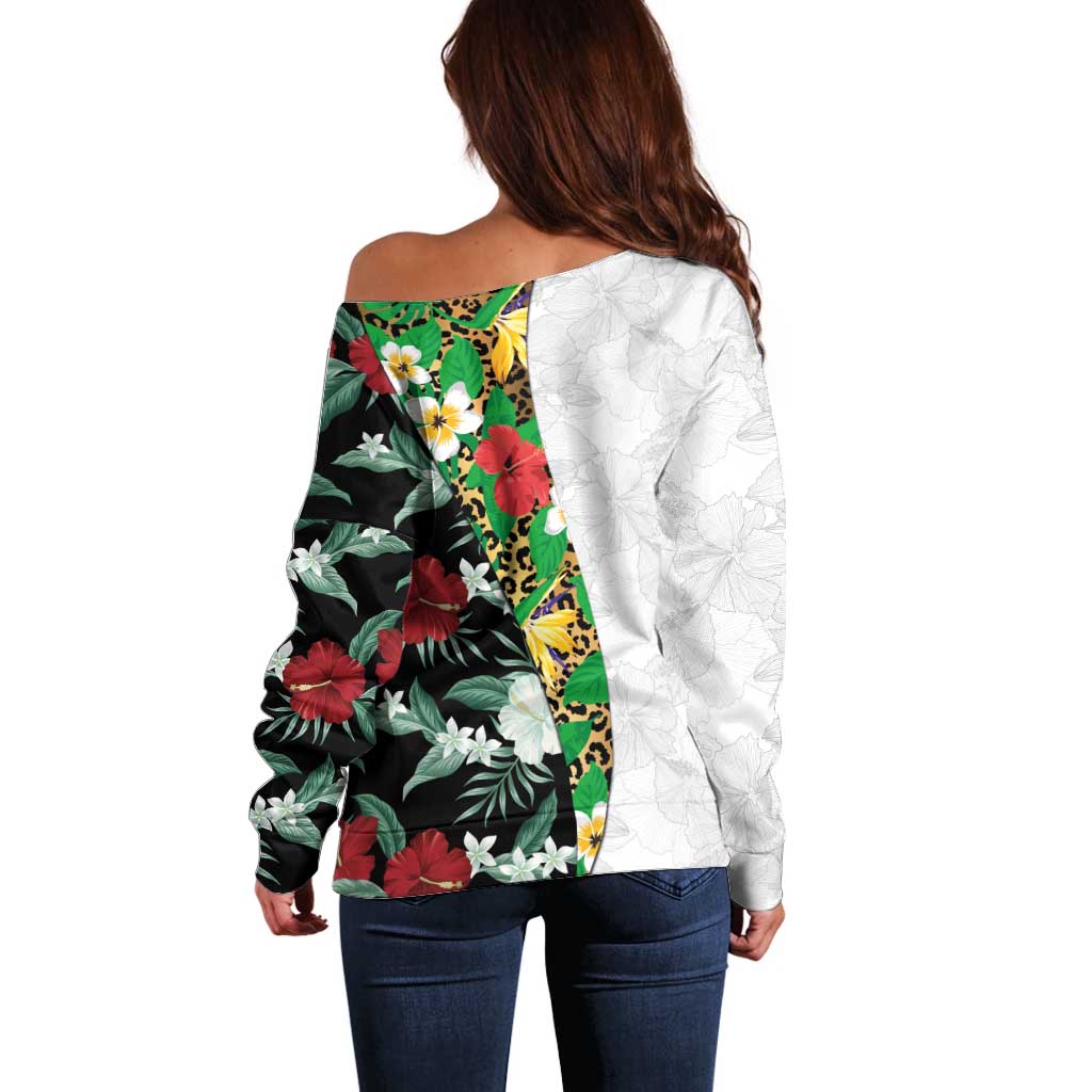 Hawaiian Tropical Flowers and Leaves Off Shoulder Sweater on Leopard Pattern Half Style White-Black Version - Polynesian Pride