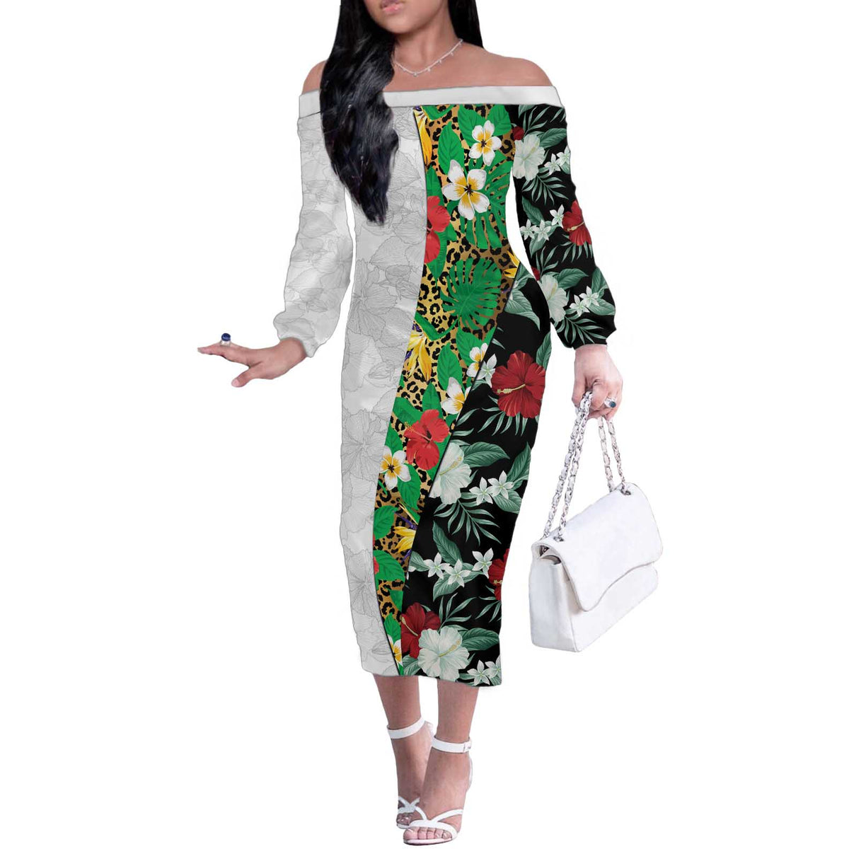 Hawaiian Tropical Flowers and Leaves Off The Shoulder Long Sleeve Dress on Leopard Pattern Half Style White-Black Version - Polynesian Pride