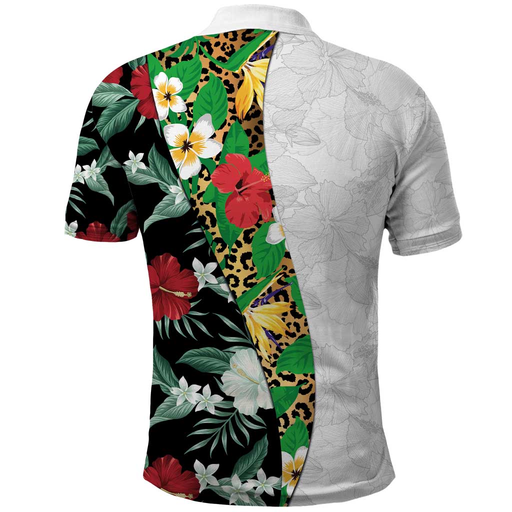 Hawaiian Tropical Flowers and Leaves Polo Shirt on Leopard Pattern Half Style White-Black Version - Polynesian Pride