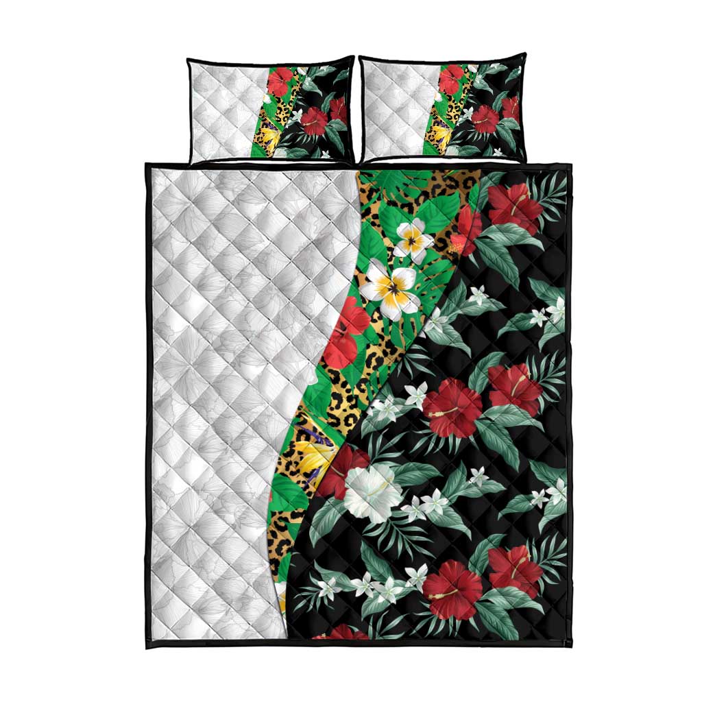 Hawaiian Tropical Flowers and Leaves Quilt Bed Set on Leopard Pattern Half Style White-Black Version - Polynesian Pride