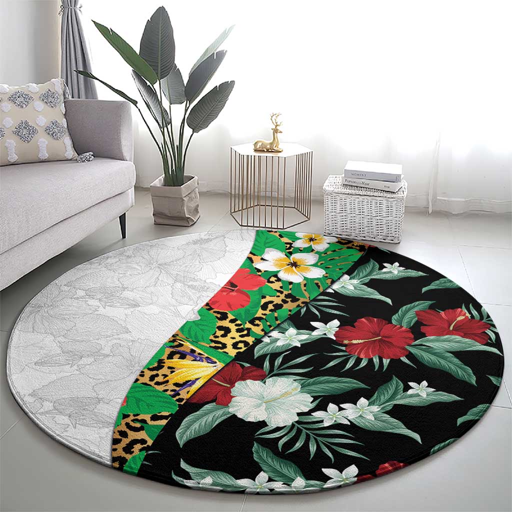 Hawaiian Tropical Flowers and Leaves Round Carpet on Leopard Pattern Half Style White-Black Version - Polynesian Pride