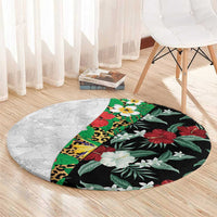 Hawaiian Tropical Flowers and Leaves Round Carpet on Leopard Pattern Half Style White-Black Version - Polynesian Pride