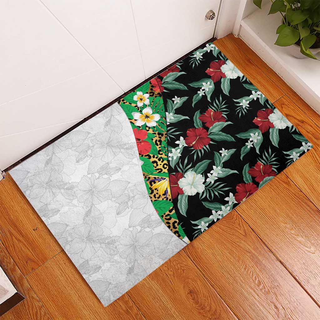 Hawaiian Tropical Flowers and Leaves Rubber Doormat on Leopard Pattern Half Style White-Black Version - Polynesian Pride