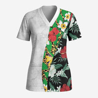 Hawaiian Tropical Flowers and Leaves Scrub Top on Leopard Pattern Half Style White-Black Version LT03 Adult White - Polynesian Pride