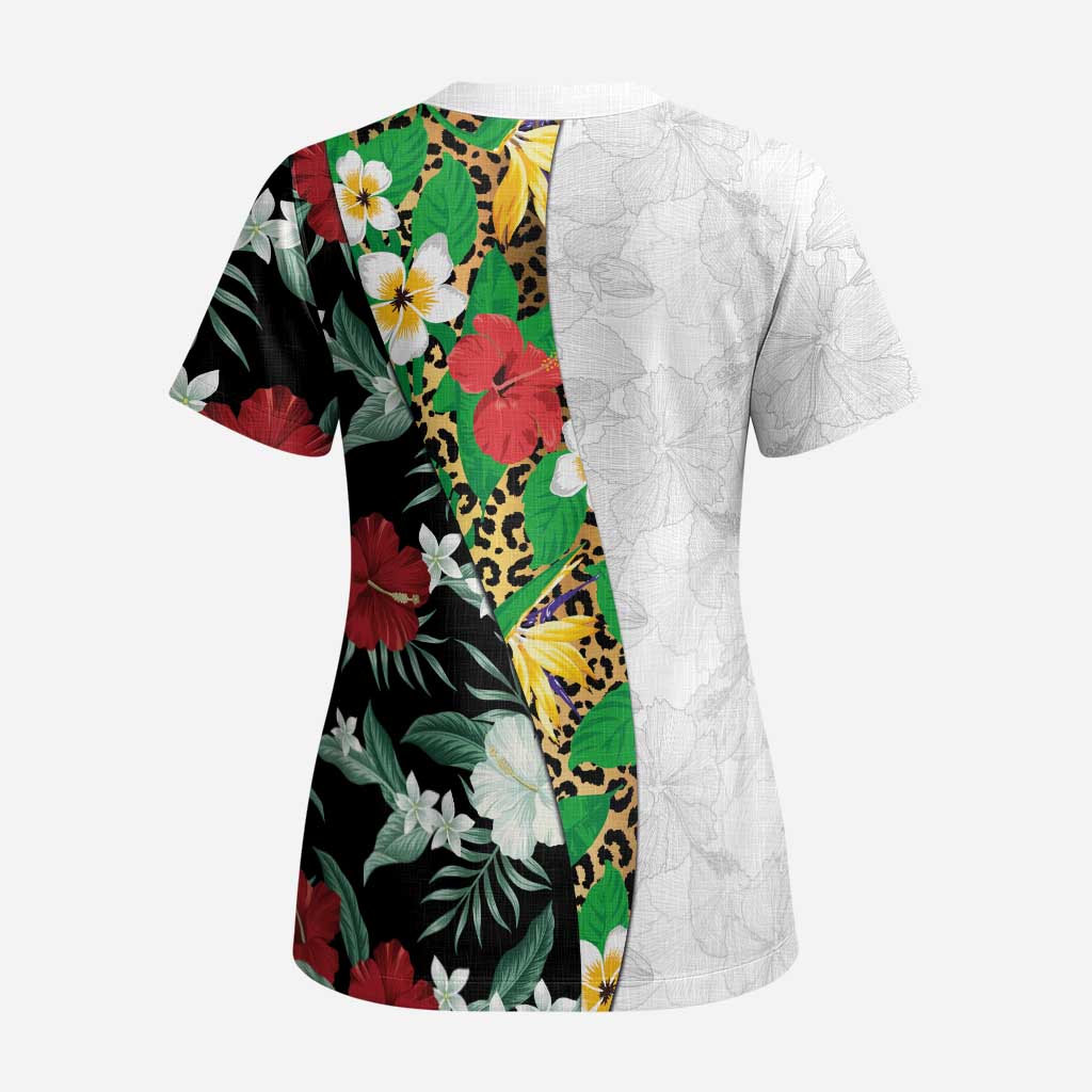 Hawaiian Tropical Flowers and Leaves Scrub Top on Leopard Pattern Half Style White-Black Version LT03 - Polynesian Pride