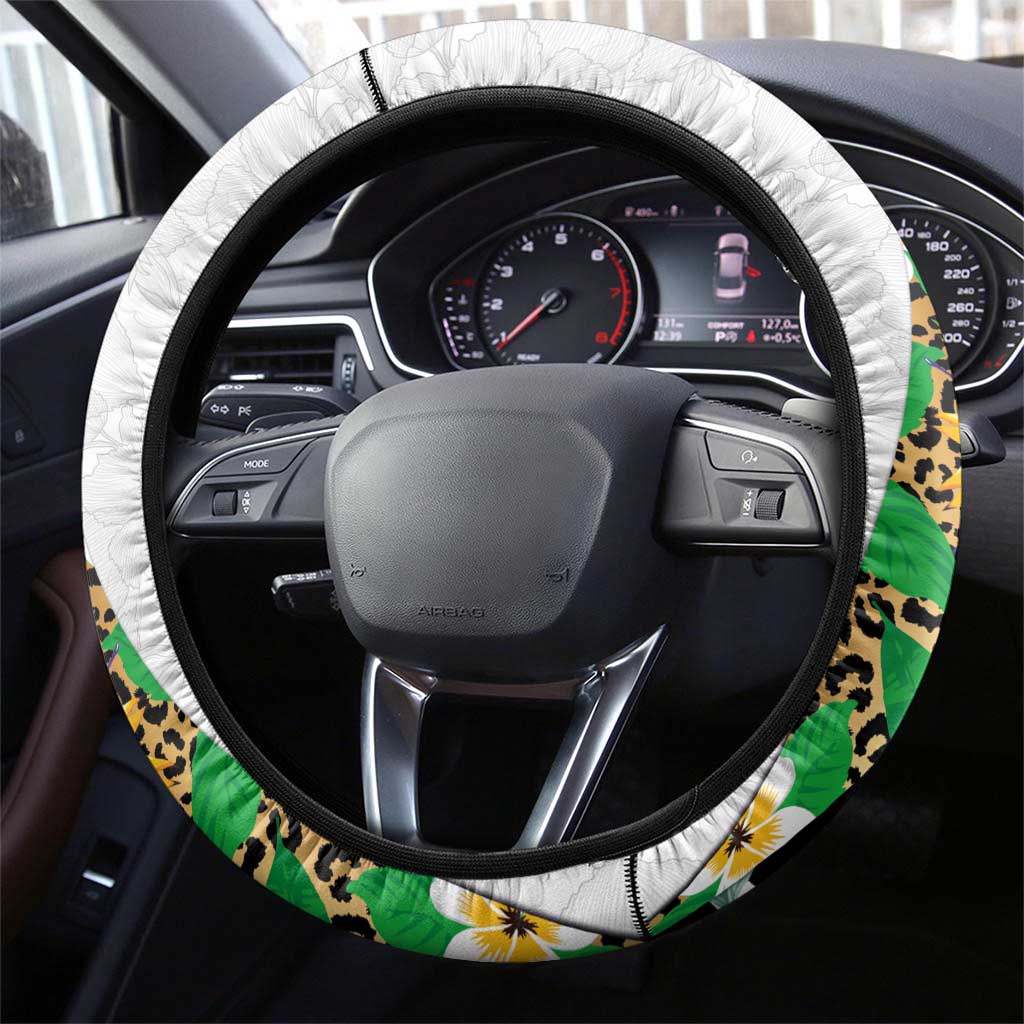 Hawaiian Tropical Flowers and Leaves Steering Wheel Cover on Leopard Pattern Half Style White-Black Version - Polynesian Pride