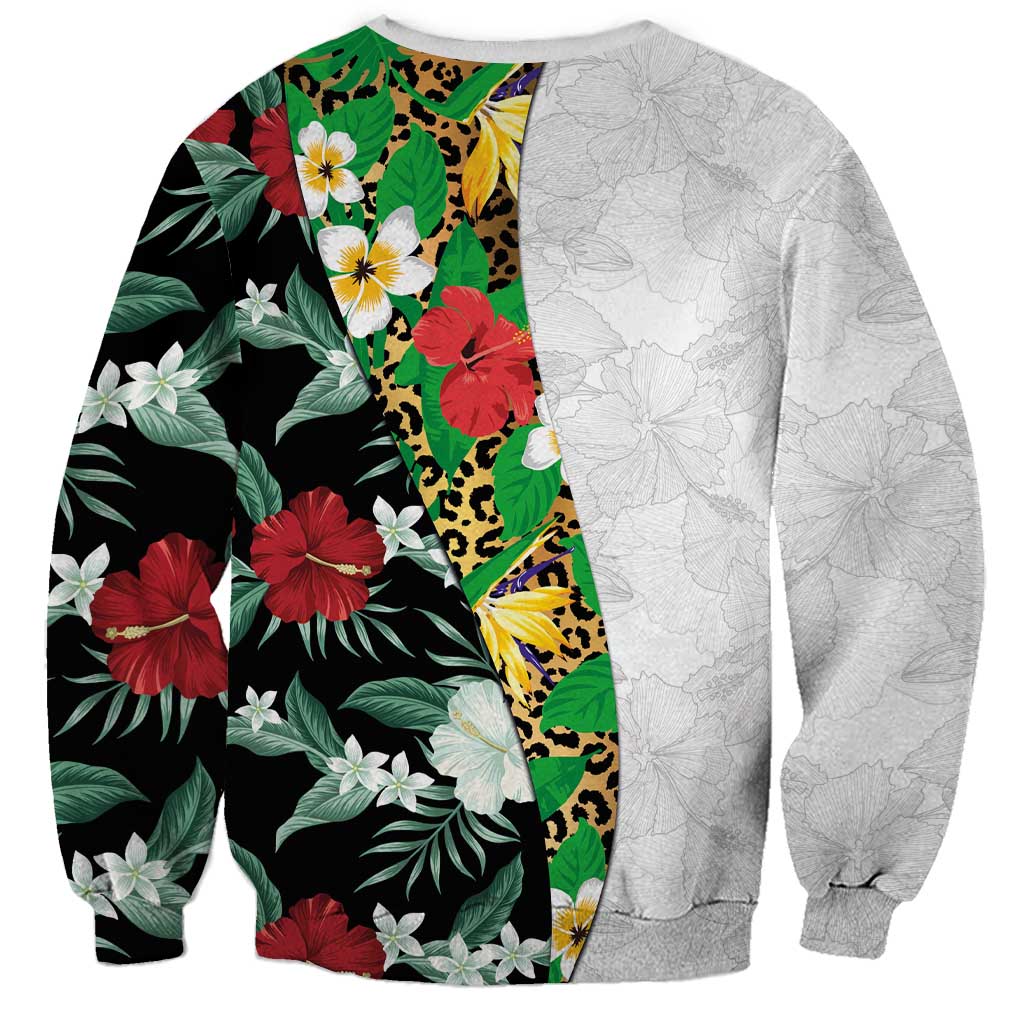 Hawaiian Tropical Flowers and Leaves Sweatshirt on Leopard Pattern Half Style White-Black Version - Polynesian Pride