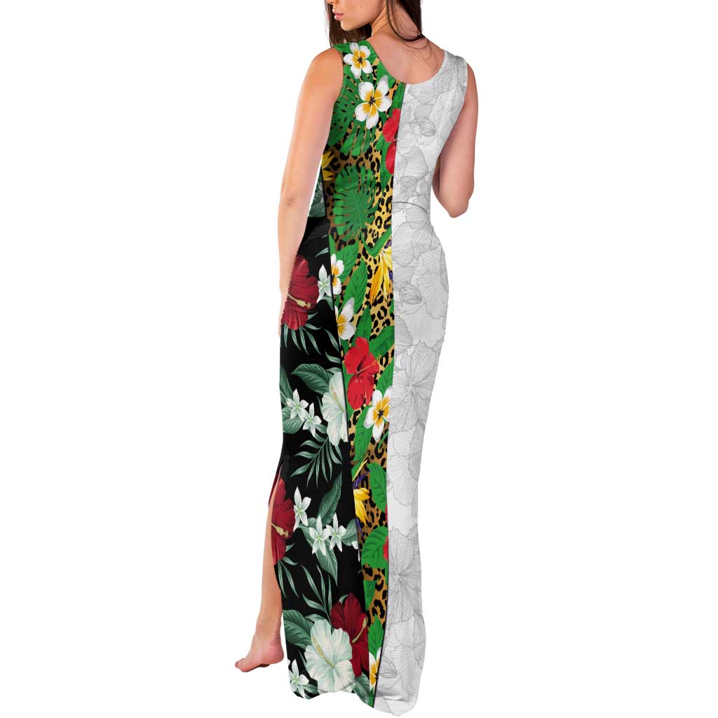 Hawaiian Tropical Flowers and Leaves Tank Maxi Dress on Leopard Pattern Half Style White-Black Version - Polynesian Pride