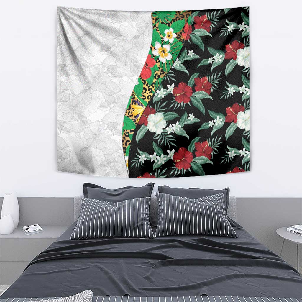Hawaiian Tropical Flowers and Leaves Tapestry on Leopard Pattern Half Style White-Black Version - Polynesian Pride