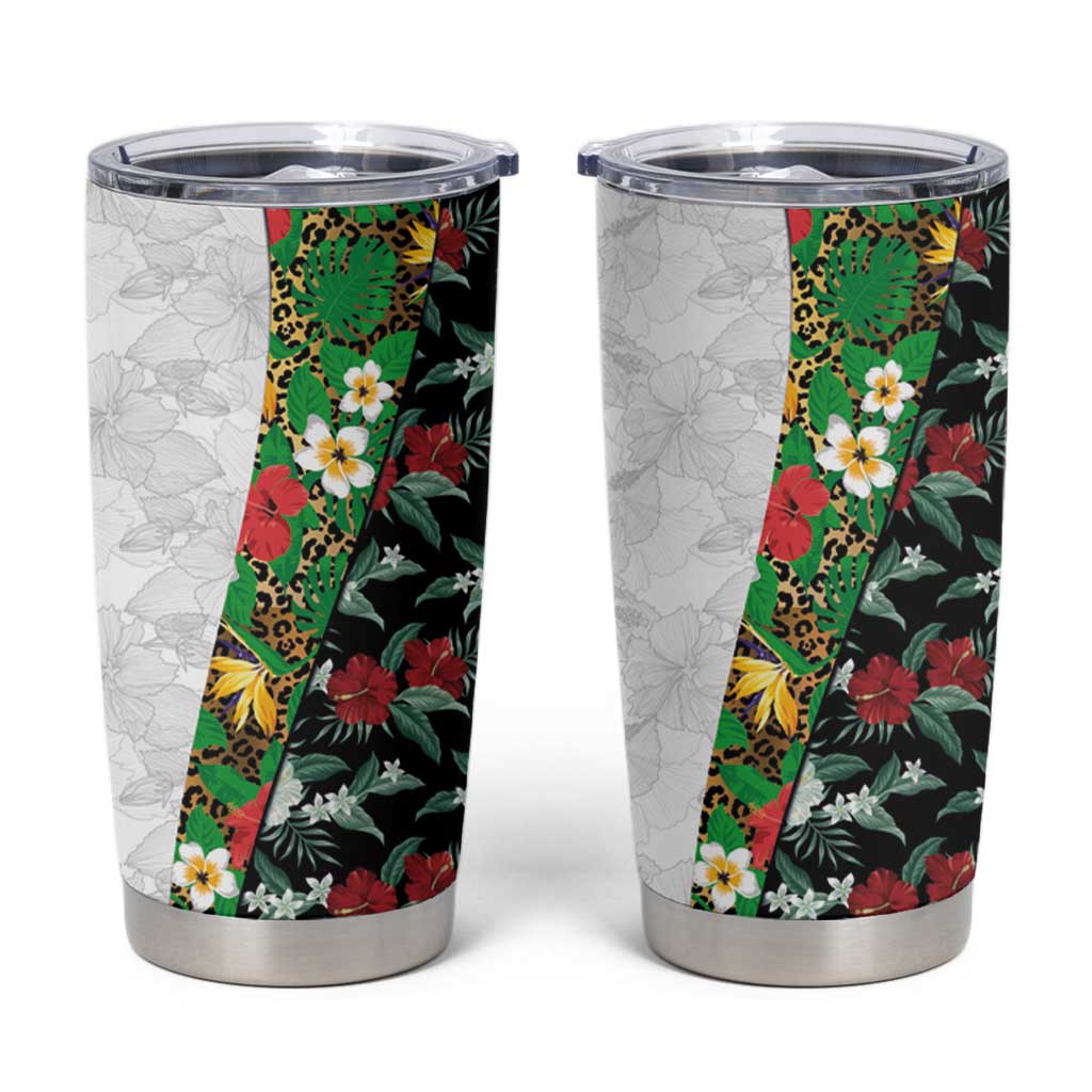 Hawaiian Tropical Flowers and Leaves Tumbler Cup on Leopard Pattern Half Style White-Black Version - Polynesian Pride