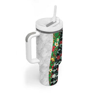 Hawaiian Tropical Flowers and Leaves Tumbler With Handle on Leopard Pattern Half Style White-Black Version - Polynesian Pride