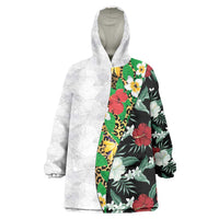 Hawaiian Tropical Flowers and Leaves Wearable Blanket Hoodie on Leopard Pattern Half Style White-Black Version - Polynesian Pride