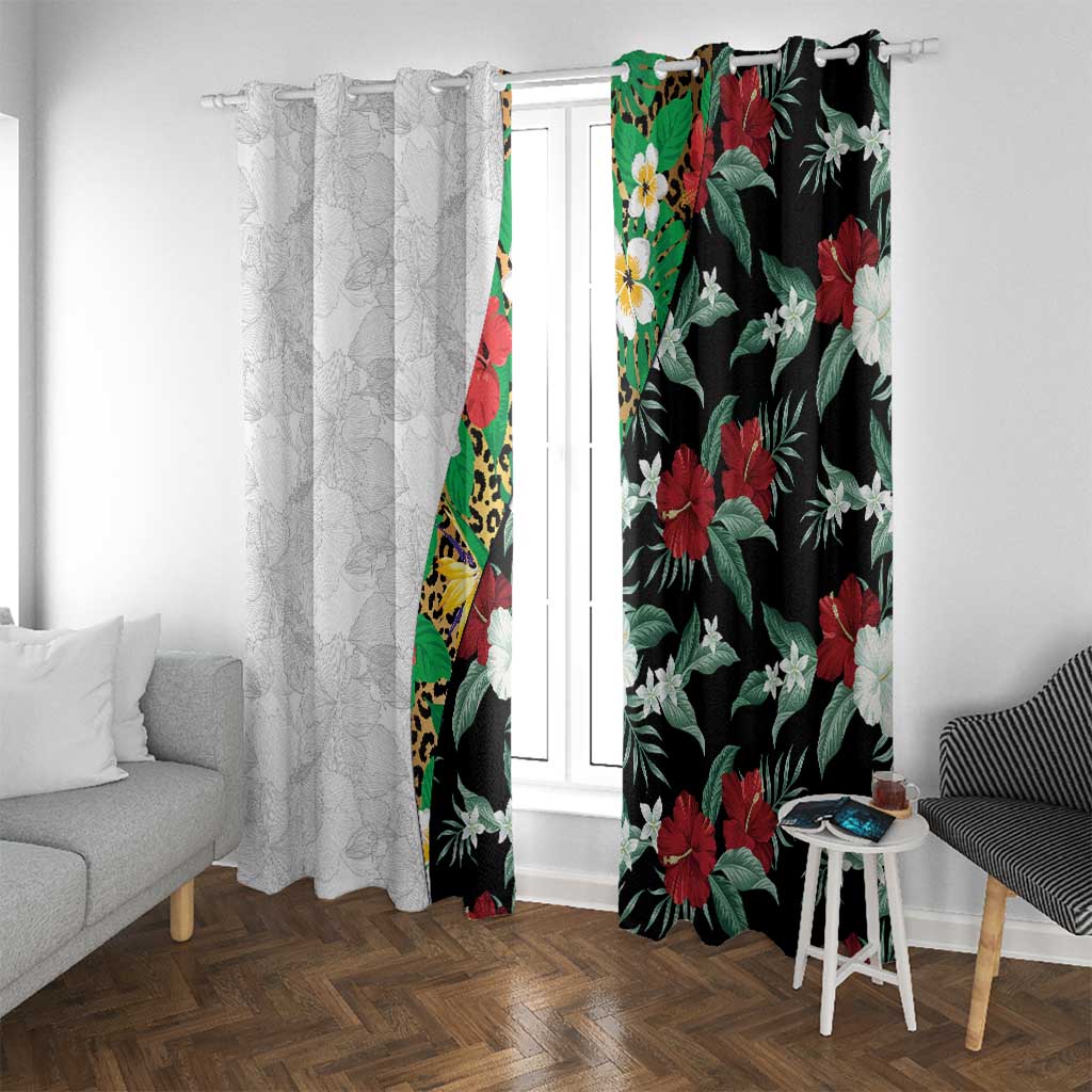 Hawaiian Tropical Flowers and Leaves Window Curtain on Leopard Pattern Half Style White-Black Version - Polynesian Pride