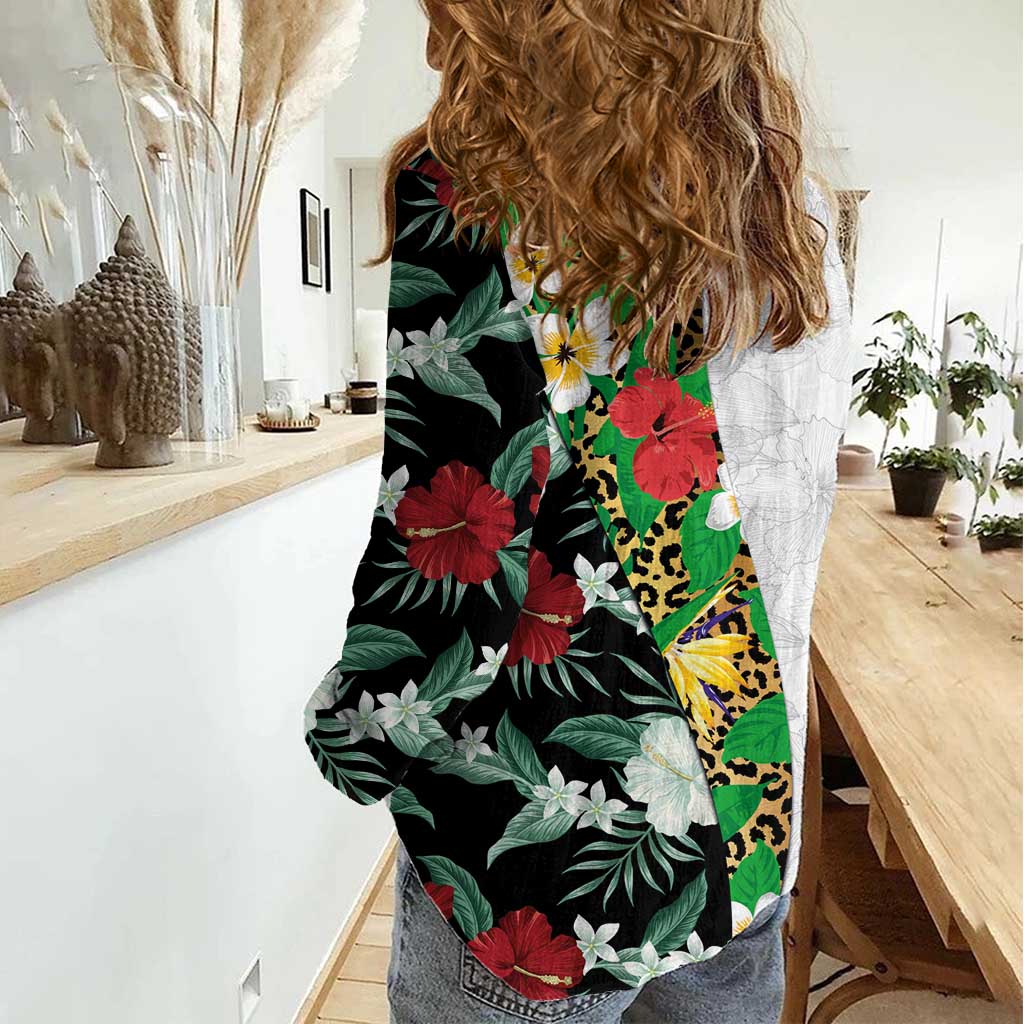 Hawaiian Tropical Flowers and Leaves Women Casual Shirt on Leopard Pattern Half Style White-Black Version - Polynesian Pride