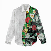 Hawaiian Tropical Flowers and Leaves Women Casual Shirt on Leopard Pattern Half Style White-Black Version - Polynesian Pride