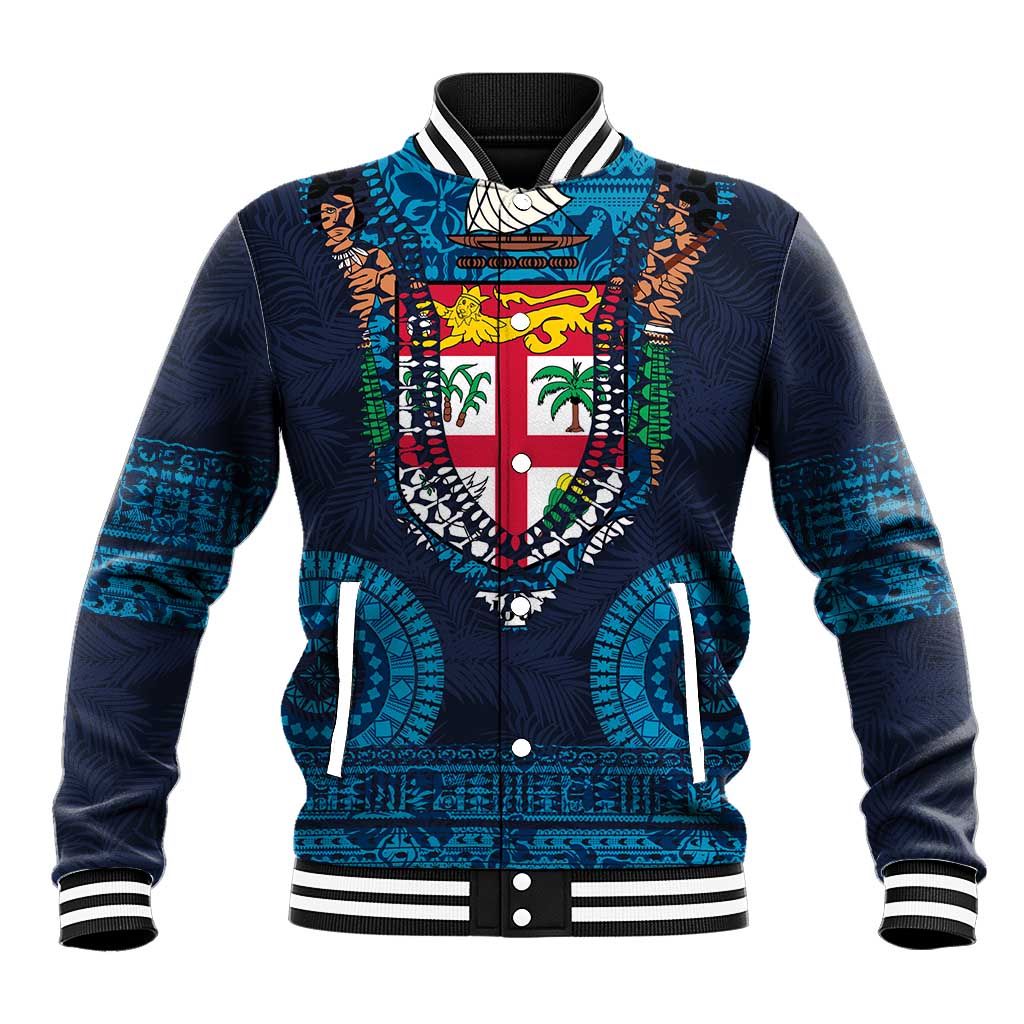 Fiji Coat of Arms Traditional Dashiki Baseball Jacket Tapa Art and Palm Leaves Pattern Dark Navy Color - Polynesian Pride