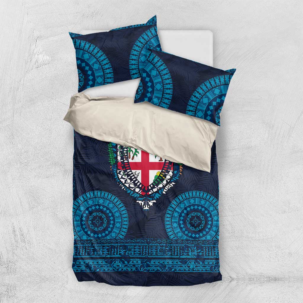 Fiji Coat of Arms Traditional Dashiki Bedding Set Tapa Art and Palm Leaves Pattern Dark Navy Color - Polynesian Pride