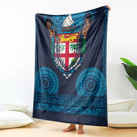 Fiji Coat of Arms Traditional Dashiki Blanket Tapa Art and Palm Leaves Pattern Dark Navy Color - Polynesian Pride