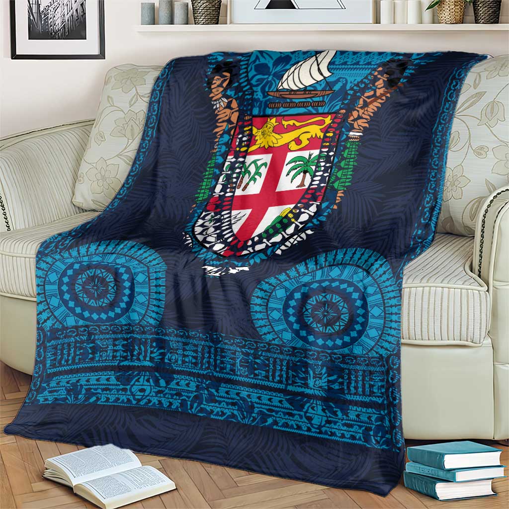 Fiji Coat of Arms Traditional Dashiki Blanket Tapa Art and Palm Leaves Pattern Dark Navy Color - Polynesian Pride