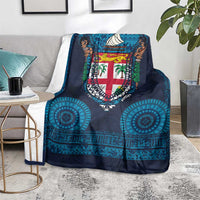 Fiji Coat of Arms Traditional Dashiki Blanket Tapa Art and Palm Leaves Pattern Dark Navy Color - Polynesian Pride