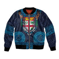 Fiji Coat of Arms Traditional Dashiki Bomber Jacket Tapa Art and Palm Leaves Pattern Dark Navy Color - Polynesian Pride