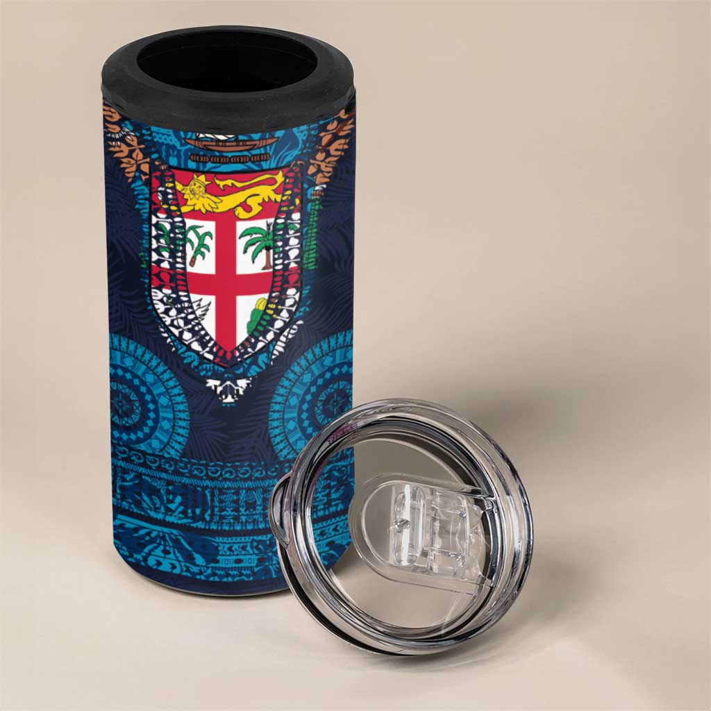 Fiji Coat of Arms Traditional Dashiki 4 in 1 Can Cooler Tumbler Tapa Art and Palm Leaves Pattern Dark Navy Color - Polynesian Pride
