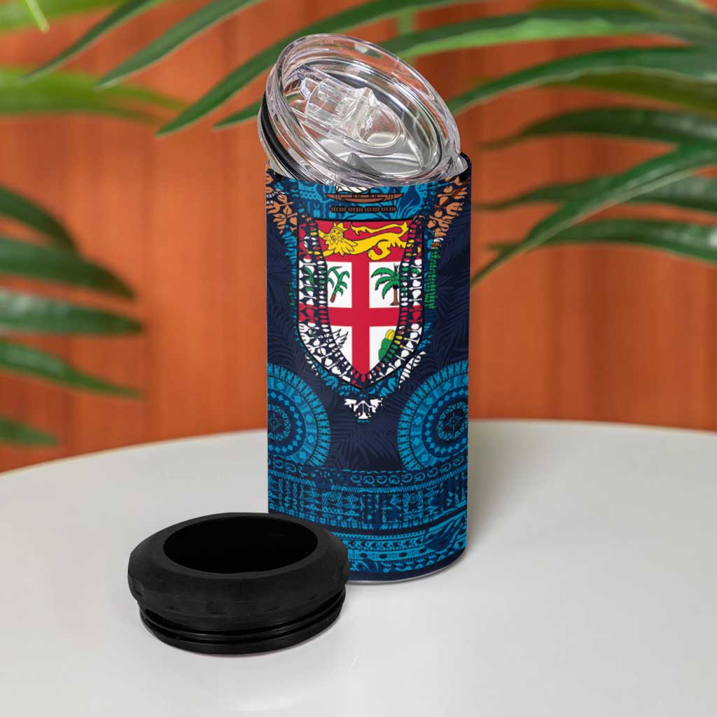 Fiji Coat of Arms Traditional Dashiki 4 in 1 Can Cooler Tumbler Tapa Art and Palm Leaves Pattern Dark Navy Color - Polynesian Pride