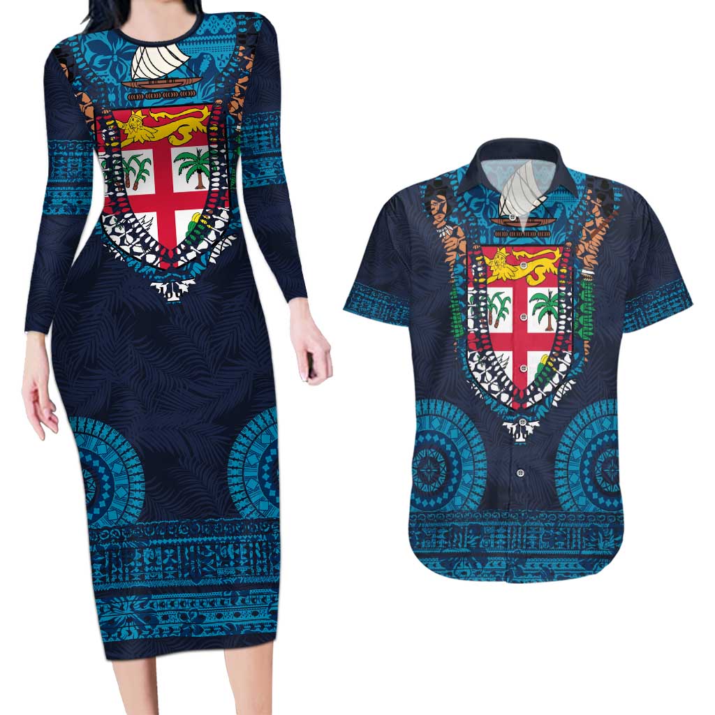 Fiji Coat of Arms Traditional Dashiki Couples Matching Long Sleeve Bodycon Dress and Hawaiian Shirt Tapa Art and Palm Leaves Pattern Dark Navy Color - Polynesian Pride