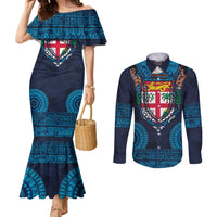 Fiji Coat of Arms Traditional Dashiki Couples Matching Mermaid Dress and Long Sleeve Button Shirt Tapa Art and Palm Leaves Pattern Dark Navy Color - Polynesian Pride