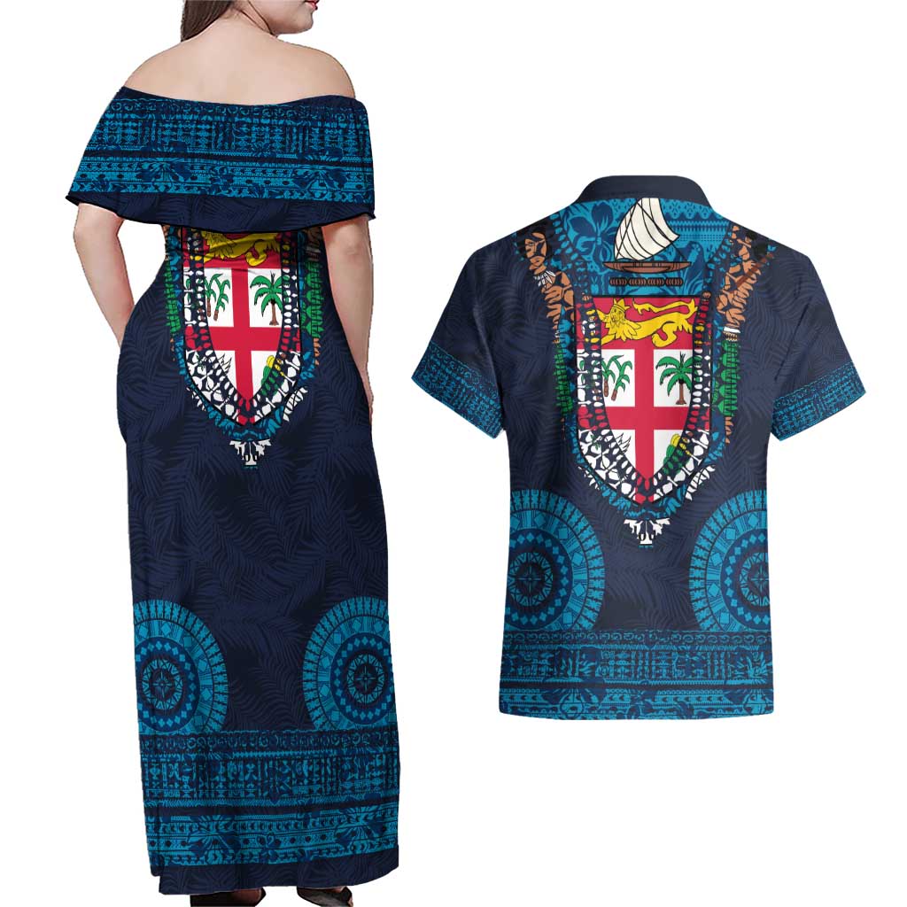 Fiji Coat of Arms Traditional Dashiki Couples Matching Off Shoulder Maxi Dress and Hawaiian Shirt Tapa Art and Palm Leaves Pattern Dark Navy Color - Polynesian Pride