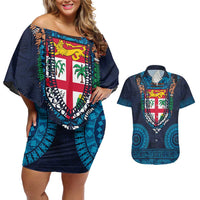 Fiji Coat of Arms Traditional Dashiki Couples Matching Off Shoulder Short Dress and Hawaiian Shirt Tapa Art and Palm Leaves Pattern Dark Navy Color - Polynesian Pride