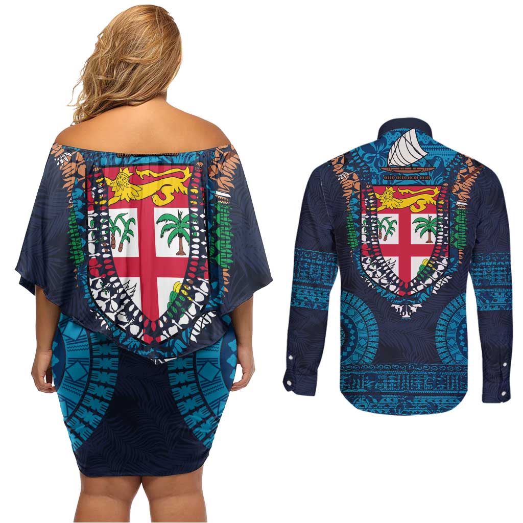 Fiji Coat of Arms Traditional Dashiki Couples Matching Off Shoulder Short Dress and Long Sleeve Button Shirt Tapa Art and Palm Leaves Pattern Dark Navy Color - Polynesian Pride